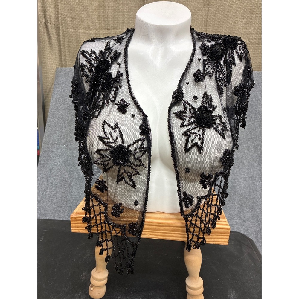 Hopeless Romantic Black Beaded Mesh Shrug Floral Sequin Fringe Capelet NWT